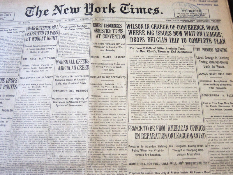 1919 FEBRUARY 8 NEW YORK TIMES - WILSON IN CHARGE OF CONFERENCE WORK - NT 6200