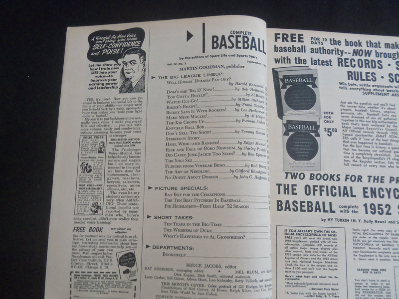 1952 SEPTEMBER COMPLETE BASEBALL MAGAZINE - GIL HODGES - RALPH KINER - J 7707