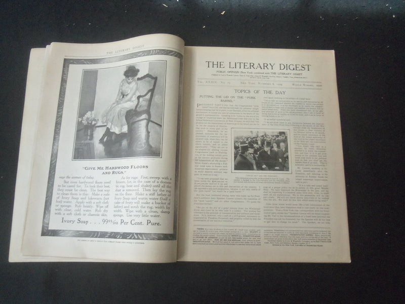 1909 NOVEMBER 6 LITERARY DIGEST MAGAZINE- ILLUSTRATED COVER & ARTICLES - SP 961D