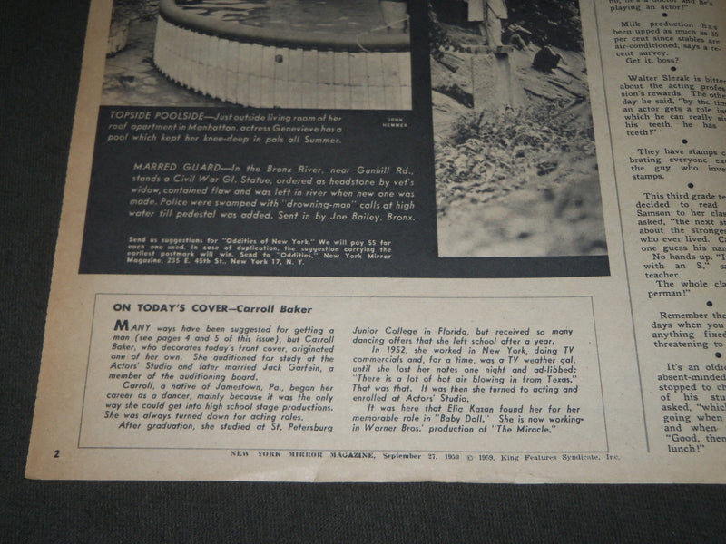 1959 SEPT NEW YORK MIRROR MAGAZINE SECTION - CARROLL BAKER COVER - J 2950