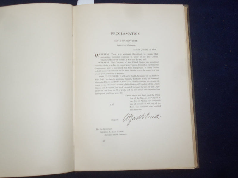 1919 A MEMORIAL TO THEODORE ROOSEVELT - STATE OF NY- HARDCOVER BOOK BY - KD 9098