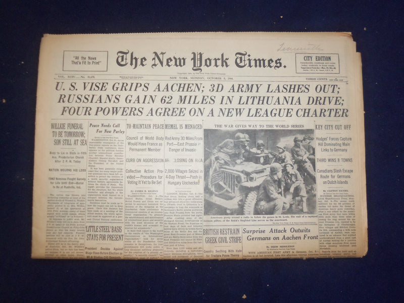 1944 OCT 9 NEW YORK TIMES - U.S. VISE GRIPS AACHEN; 3D ARMY LASHES OUT - NP 6636