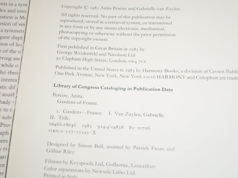 1983 GARDENS OF FRANCE BOOK BY ANITA PEREIRE AUTHOR INSCRIBED - PHOTOS - KD 2573
