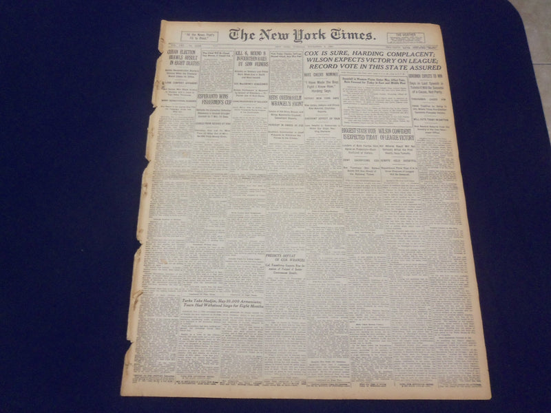 1920 NOVEMBER 2 NEW YORK TIMES - COX IS SURE, HARDING COMPLACENT - NT 8442