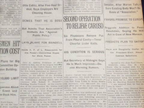 1920 DECEMBER 31 NEW YORK TIMES - SECOND OPERATION TO RELIEVE CARUSO - NT 8487
