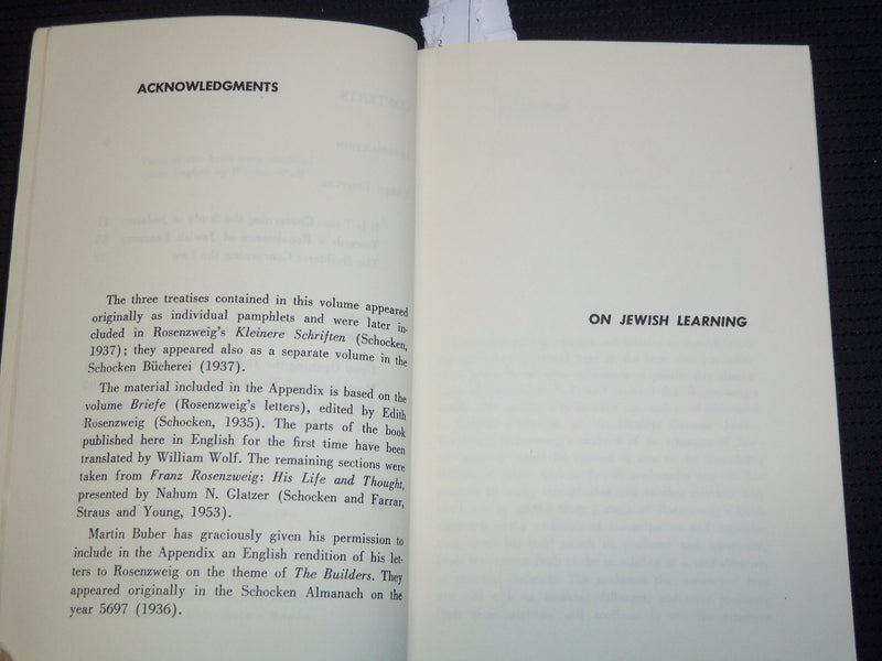 1965 ON JEWISH LEARNING SOFTCOVER BOOK BY FRANZ ROSENZWEIG - KD 4270E
