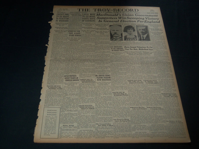 1931 OCTOBER 28 TROY MORNING RECORD - MACDONALD'S UNION GOVERNMENT WINS- NT 7492
