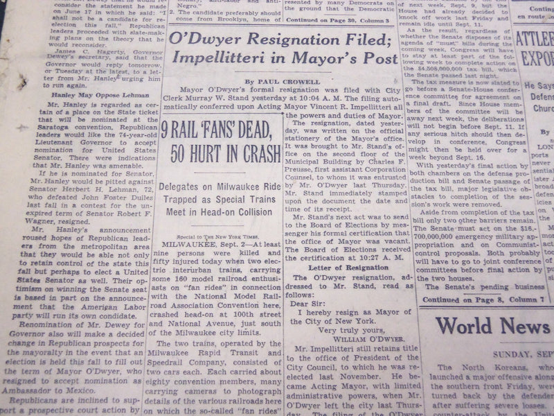 1950 SEPTEMBER 3 NEW YORK TIMES - O'DWYER RESIGNATION FILED - NT 4294