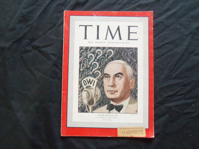 1943 MARCH 15 TIME MAGAZINE - ELMER DAVIS OF OWI - T 856