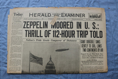1928 OCT 16 CHICAGO HERALD EXAMINER NEWSPAPER -ZEPPELIN MOORED IN U.S. - NP 9225