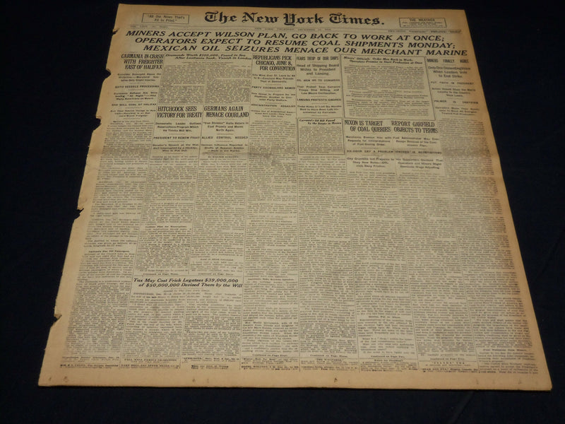 1919 DEC 11 NEW YORK TIMES MINERS ACCEPT WILSON PLAN, GO BACK TO WORK - NT 7952
