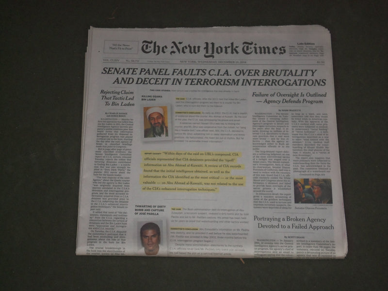 2014 DECEMBER 10 NEW YORK TIMES - SENATE FAULTS CIA IN TERRORISM INTERROGATIONS