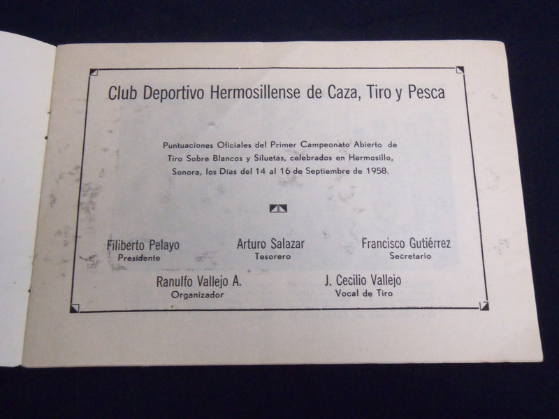 1958 SEPTEMBER CLUB DEPORTIVO HERMOSILLENSE DE CAZA TIRO Y PESCA PROGRAM- J 8562