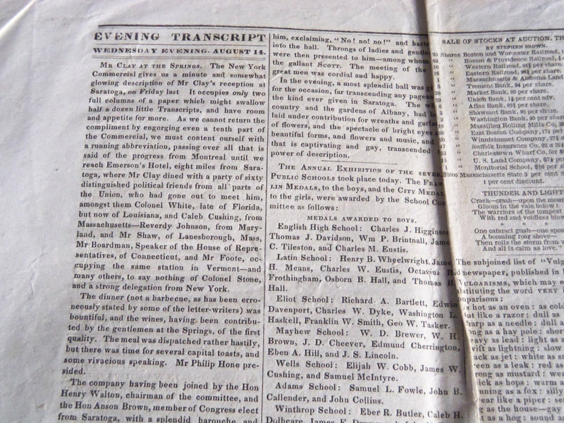 1839 AUGUST 14 DAILY EVEING TRANSCRIPT BOSTON NEWSPAPER - HENRY CLAY - NP 4183