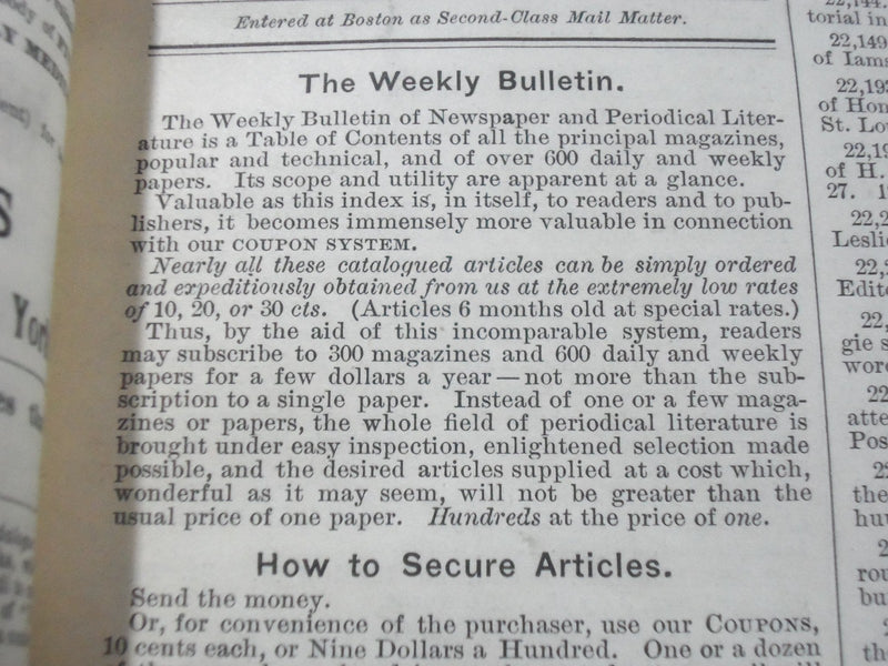 1892 JUL -DEC THE WEEKLY BULLETIN OF NEWSPAPER& PERIODICAL LITERATURE - KD 2378