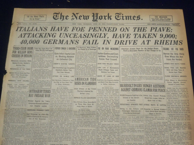 1918 JUNE 20 NEW YORK TIMES - ITALIANS HAVE FOE PENNED ON THE PIAVE - NT 9100