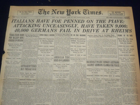 1918 JUNE 20 NEW YORK TIMES - ITALIANS HAVE FOE PENNED ON THE PIAVE - NT 9100
