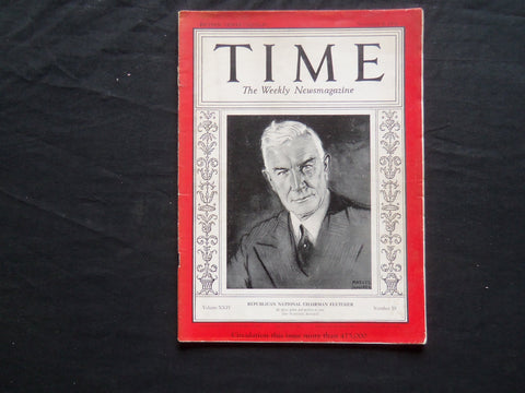 1934 NOVEMBER 5 TIME MAGAZINE - REPUBLICAN NAT'L CHAIRMAN HENRY FLETCHER - T 442