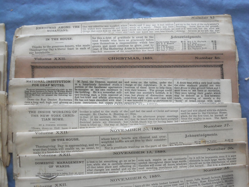 1889 THE SHELTERING ARMS NEWSPAPER - LOT OF 21 - #S 22-42 - NP 8424
