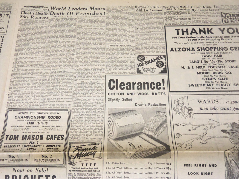 1945 APRIL 13 ARIZONA REPUBLIC NEWSPAPER - PRESIDENT ROOSEVELT DIES - NP 4514