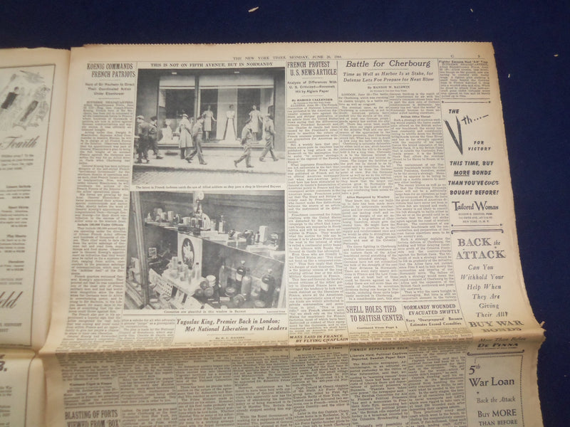 1944 JUNE 26 NEW YORK TIMES -AMERICANS IN CHERBOURG, FIGHT WAY TO DOCKS- NP 6578