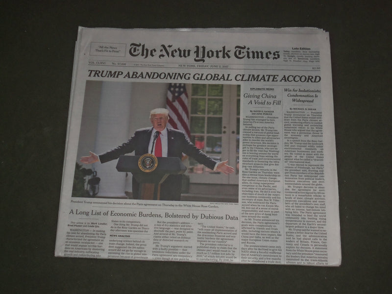 2017 JUNE 2 NEW YORK TIMES - DONALD TRUMP ABANDONING GLOBAL CLIMATE ACCORD