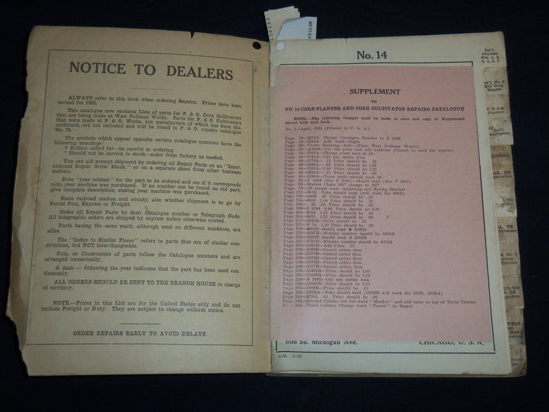 1925 INTERNATIONAL HARVESTER CATALOG AND PRICE LIST FOR REPAIR PARTS - J 8588