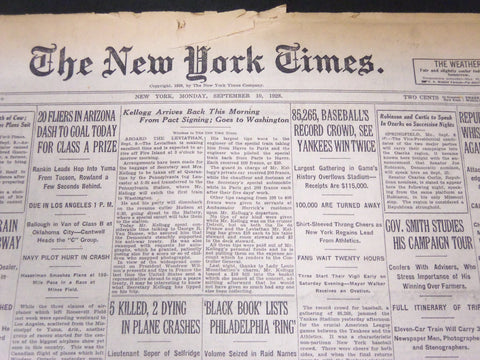 1928 SEPTEMBER 2 NEW YORK TIMES - 85,265 SEE YANKEES WIN TWICE - NT 5355