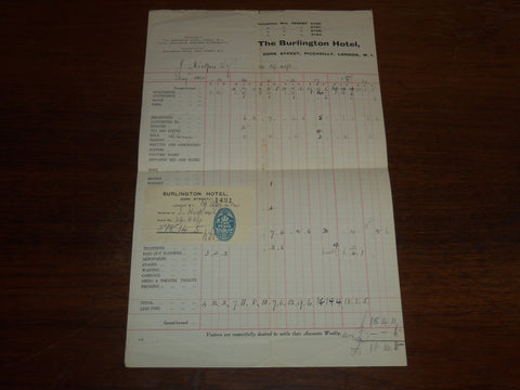 1922 AUGUST THE BURLINGTON HOTEL BILL - CORK STREET PICCADILLY LONDON - K 1118