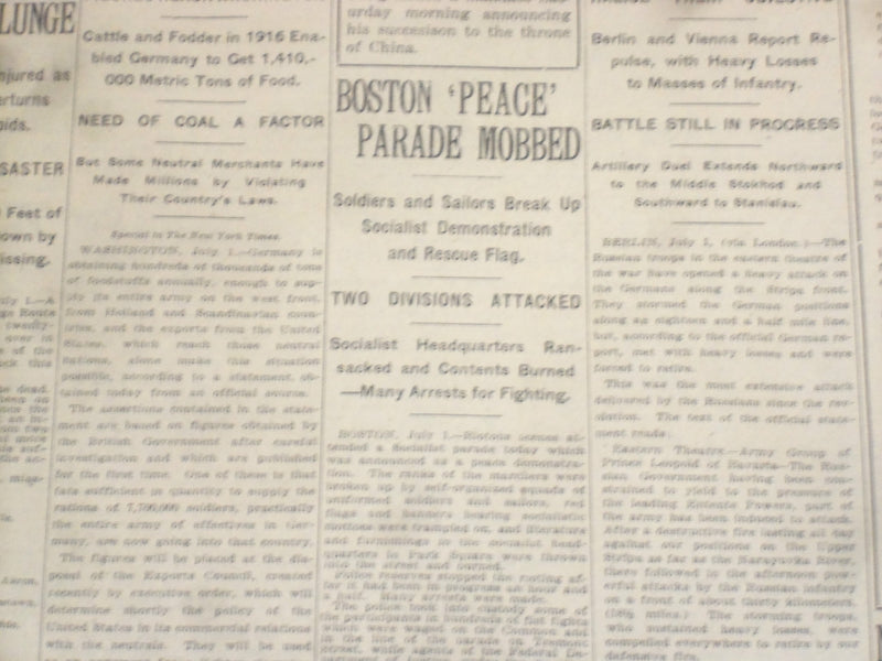 1917 JULY 2 NEW YORK TIMES - BOSTON PEACE PARADE MOBBED - NT 9292
