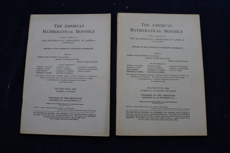 1922 THE AMERICAN MATHEMATICAL MONTHLY MAGAZINE - LOT OF 10 - O 3388