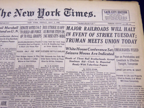 1948 MAY 7 NEW YORK TIMES - MAJOR RAILROADS WILL HALT STRIKE TUESDAY - NT 142