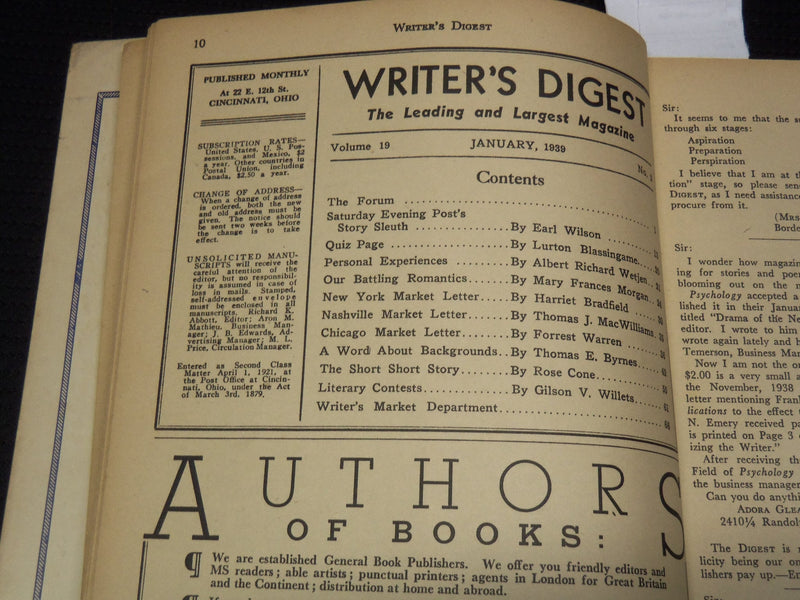 1939 JANUARY WRITER'S DIGEST MAGAZINE- EARL WILSON - ROSE CONE - WETJEN - K 1011