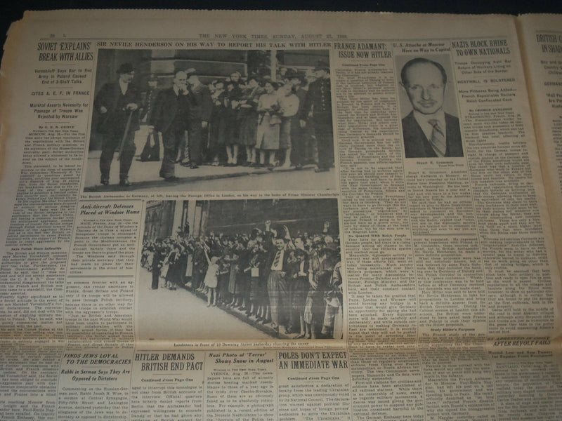 1939 AUGUST 27 NEW YORK TIMES - HITLER DEMANDS BRITAIN ABANDON ALLIANCE- NP 3608