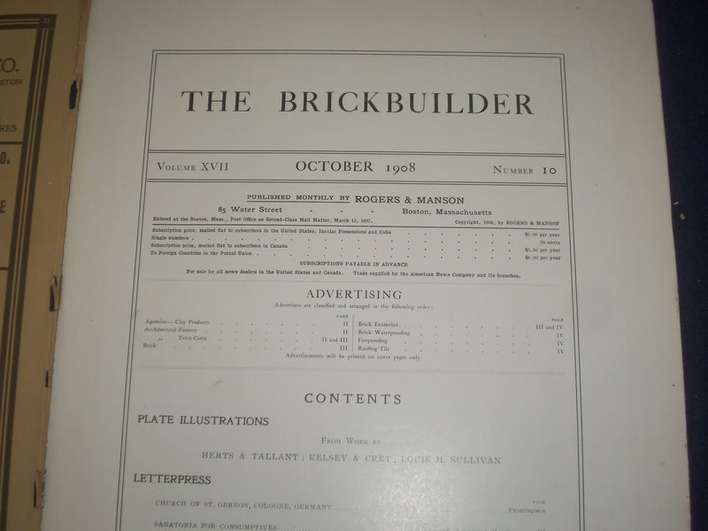 1908 OCTOBER THE BRICKBUILDER MAGAZINE - AN ARCHITECTURAL MONTHLY - ST 258K