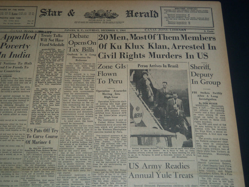 1964 DEC 5 PANAMA STAR & HERALD NEWSPAPER - 20 KLAN MEMBERS ARRESTED - NT 7590