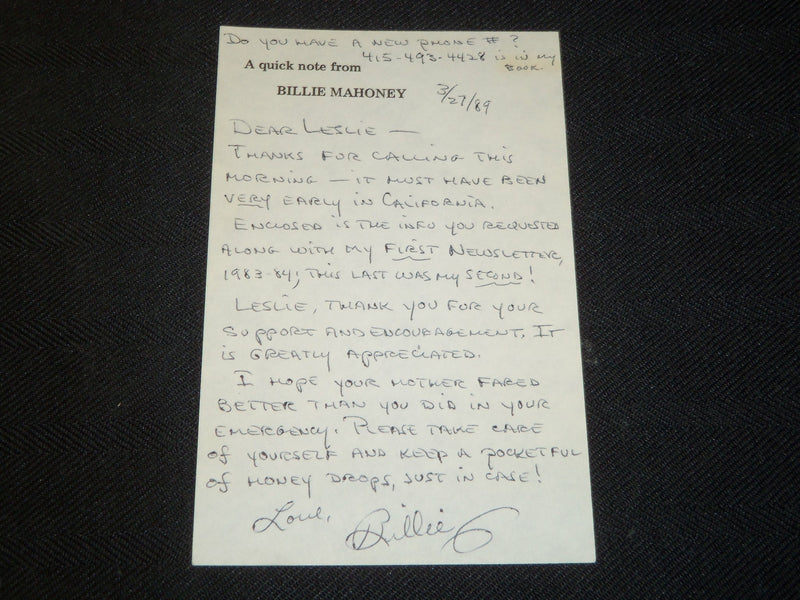 1980'S BILLIE MAHONEY DANCER NEWSLETTERS & HANDWRITTEN NOTE TO GETZ - J 5458