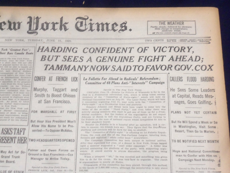 1920 JUNE 15 NEW YORK TIMES - HARDING CONFIDENT OF VICTORY - NT 9115