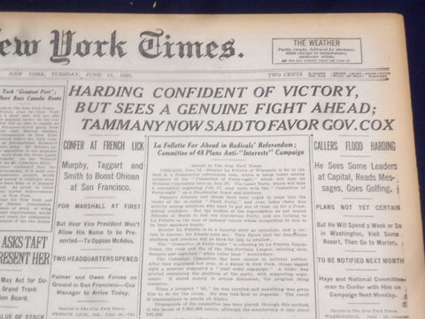 1920 JUNE 15 NEW YORK TIMES - HARDING CONFIDENT OF VICTORY - NT 9115