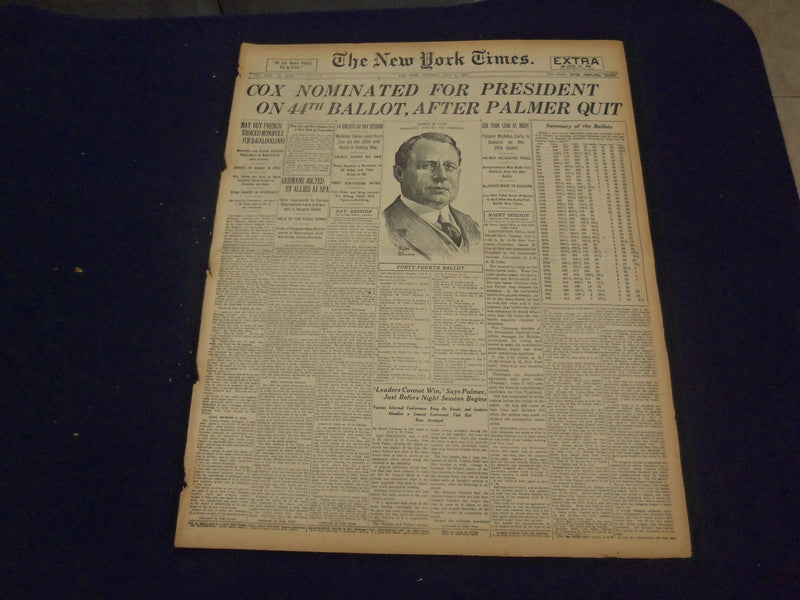 1920 JULY 6 NEW YORK TIMES - COX NOMINATED FOR PRESIDENT - NT 9322