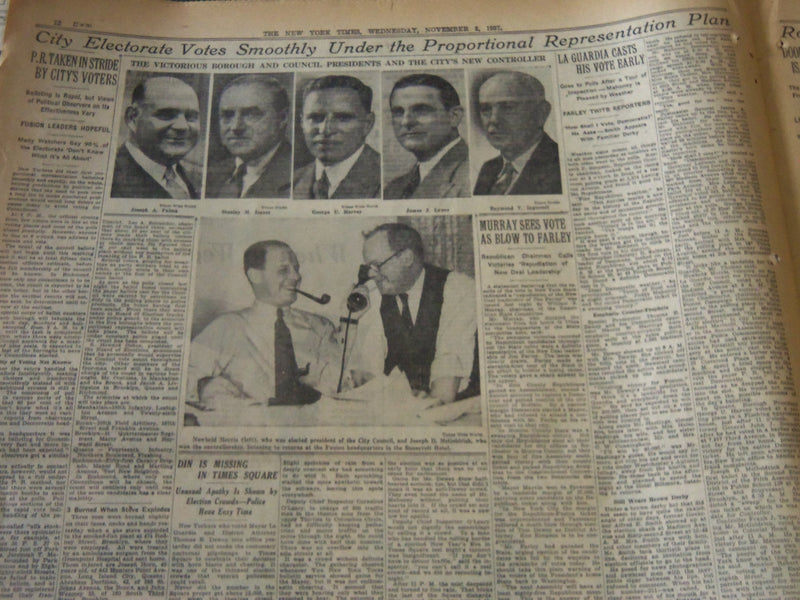1937 NOVEMBER 3 NEW YORK TIMES - LAGUARDIA RE-ELECTED DEWEY WINS - NT 5547