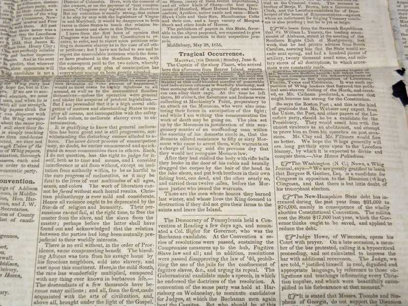 1851 JUNE 19 VERMONT WATCHMAN NEWSPAPER - MILLARD FILLMORE - NP 2152J