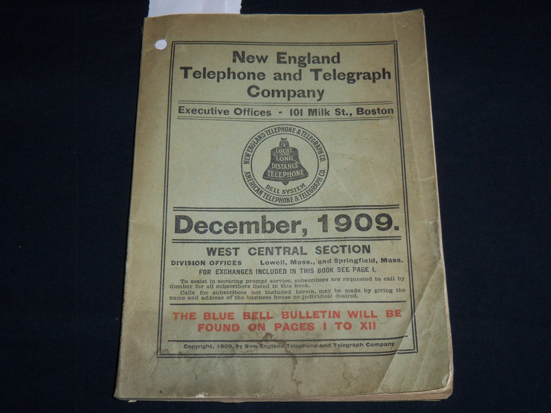1909 NEW ENGLAND TELEPHONE & TELEGRAPH CO. WEST CENTRAL PHONE BOOK - J 8817