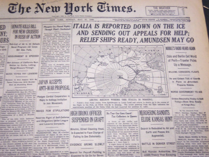 1928 MAY 27 NEW YORK TIMES - ITALIA IS REPORTED DOWN ON THE ICE - NT 5119