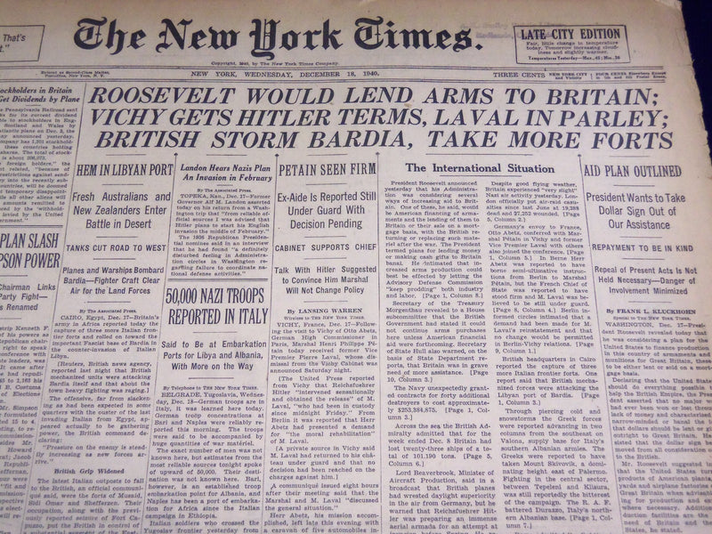 1940 DEC 18 NEW YORK TIMES - ROOSEVELT WOULD LAND ARMS TO BRITAIN - NT 2493