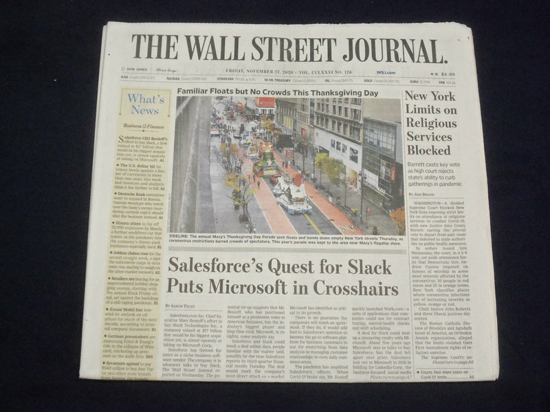 2020 NOV 27 THE WALL STREET JOURNAL - N.Y. LIMITS ON RELIGIOUS SERVICES BLOCKED