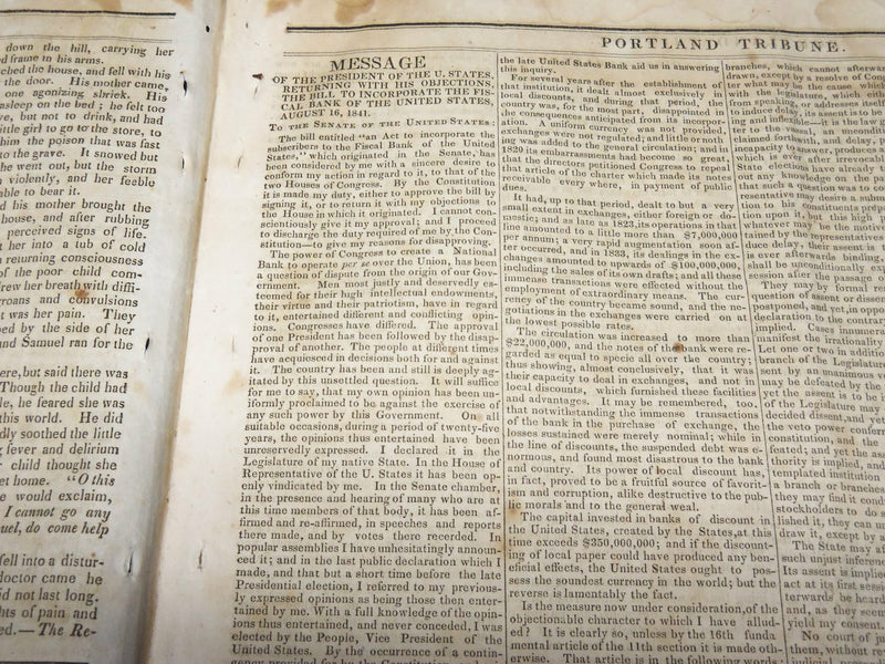 1841 AUGUST 28 PORTLAND TRIBUNE NEWSPAPER - U. S. FISCAL BANK - TYLER - NP 4834
