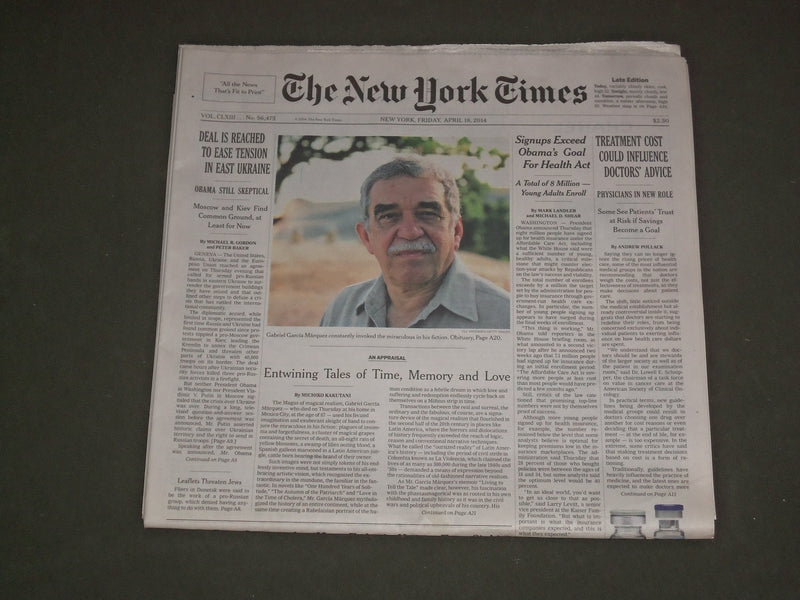 2014 APRIL 18 NEW YORK TIMES - GABRIEL GARCIA MARQUEZ DIED - 1927-2014