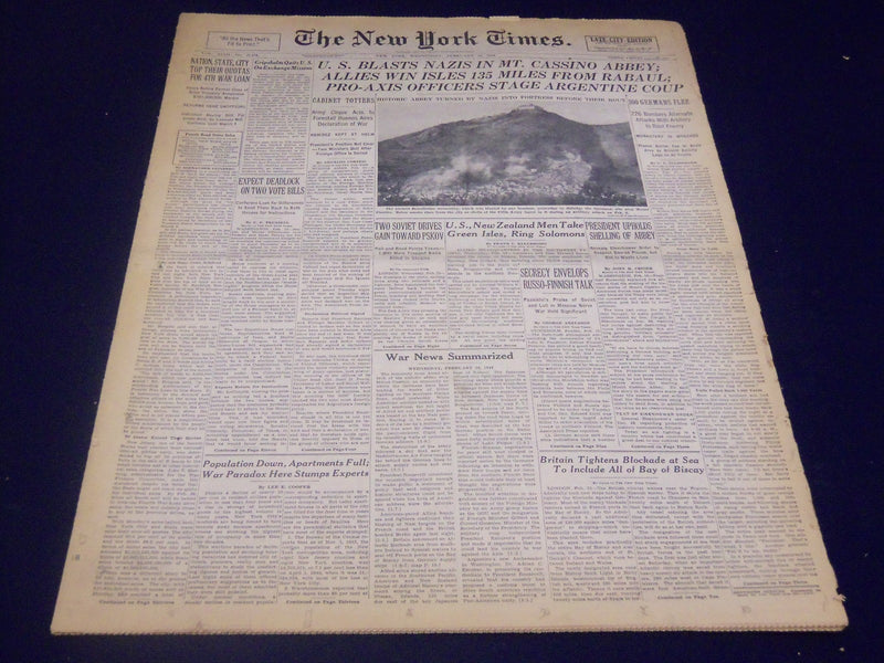 1944 FEBRUARY 16 NEW YORK TIMES - MT. CASSINO ABBEY BLASTED - NT 3702