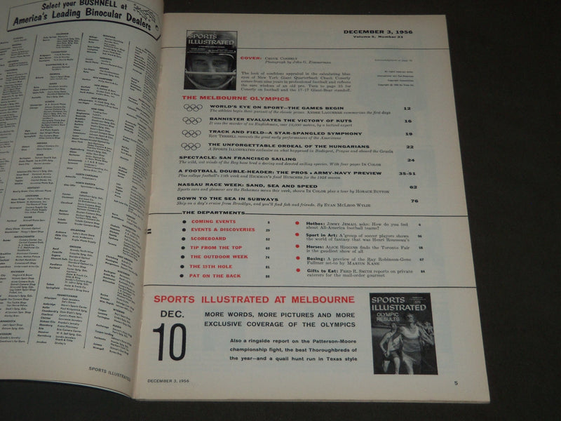 1956 DECEMBER 3 SPORTS ILLUSTRATED MAGAZINE - CHUCK CONERLY COVER - ST 4798